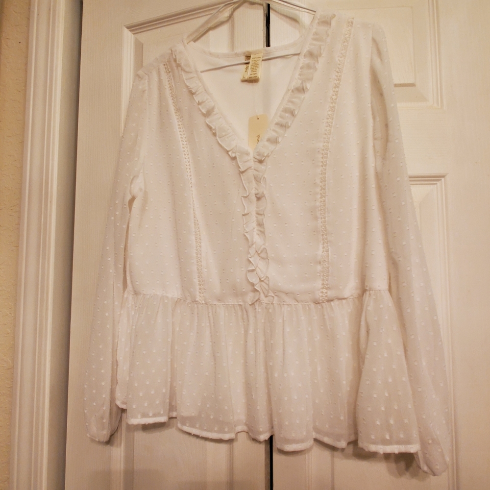 Japna White Ruffle Dotted Chiffon Long Sleeve